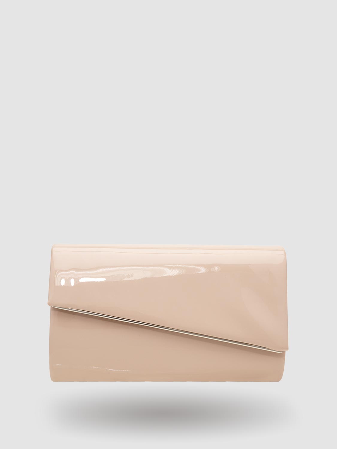 Asymmetrical Patent Faux-Leather Flapover Clutch With Metal Trim