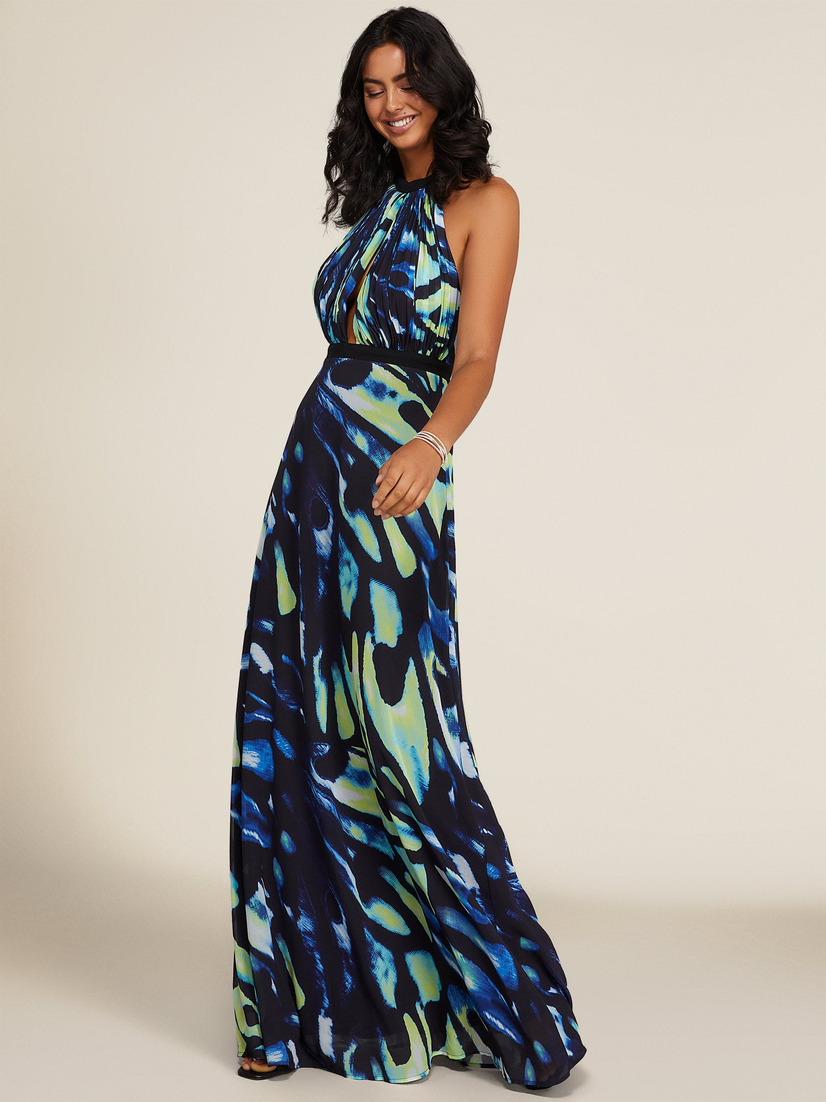 Printed Halter Top Chiffon Gown
